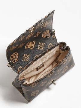 Bolso GUESS Uptown  marron peq logos camel tira rosa