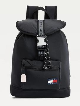 Mochila TOMMY negra naylon solapa redonda