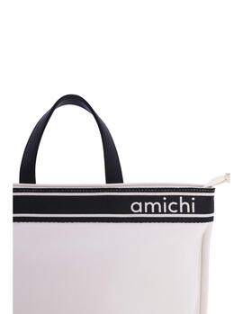 Mochila AMICHI piel marfil-negro letras