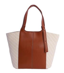 Bolso AMICHI piel camel tejido natural de lados