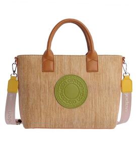 Bolso DON ALGODON piel color cognac logo verde