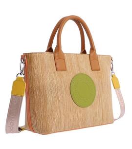 Bolso DON ALGODON piel color cognac logo verde