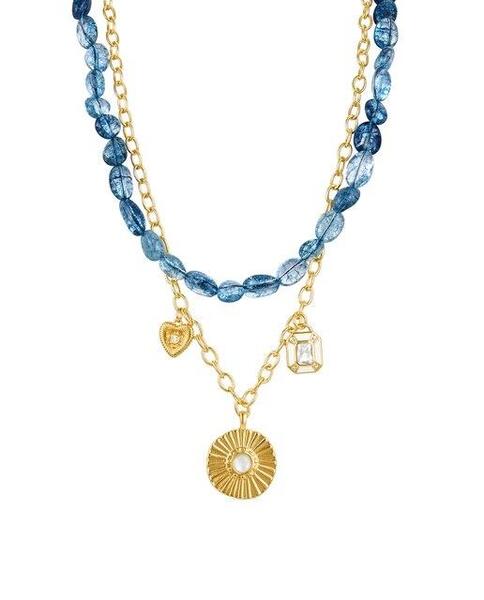 Collar LUXENTER  PRISYA doble piedras azul y  cadena dorada