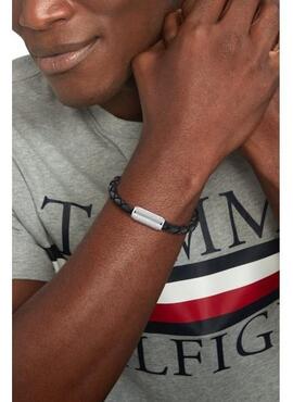 Pulsera TOMMY cuero negro trenzado