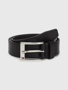 Cinto TOMMY piel negro liso hebilla plateada logo