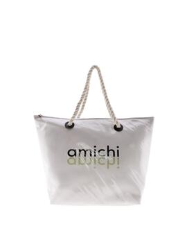 Bolso playa AMICHI  blanco letras logo negra/verde