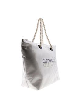 Bolso playa AMICHI  blanco letras logo negra/verde