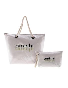 Bolso playa AMICHI  blanco letras logo negra/verde