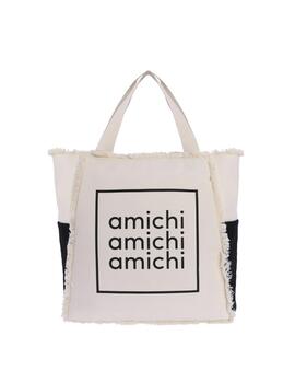 Bolso de playa AMICHI blanco/negro flecos logo med