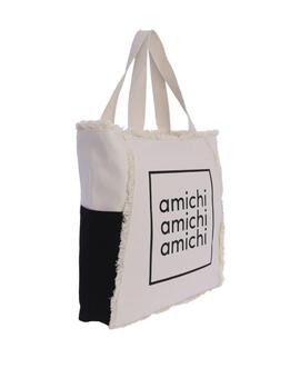 Bolso de playa AMICHI blanco/negro flecos logo med