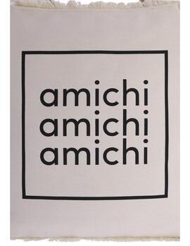 Bolso de playa AMICHI blanco/negro flecos logo med