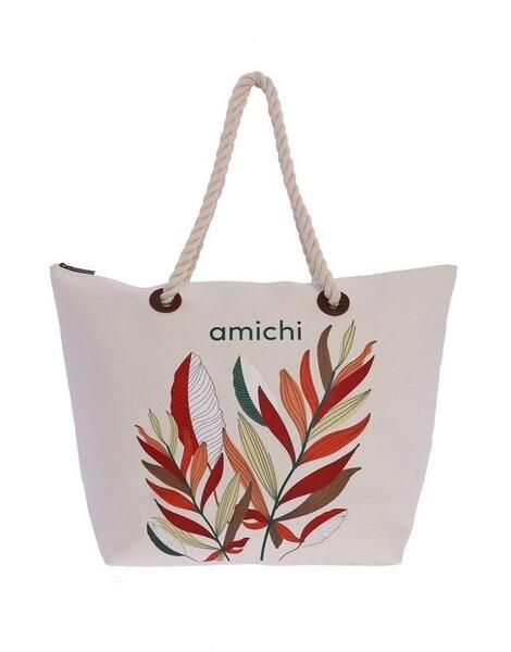 Bolso playa AMICHI Oasis beig logo y flores medio