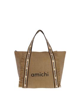 Bolso playa AMICHI Sigfrida natural asas cinta logo flecos