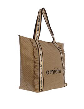 Bolso playa AMICHI Sigfrida natural asas cinta logo flecos