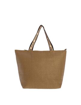 Bolso playa AMICHI Sigfrida natural asas cinta logo flecos