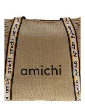 Bolso playa AMICHI Sigfrida natural asas cinta logo flecos