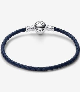 Pulsera PANDORA de Cuero Trenzado Azul con Cierre Redondo