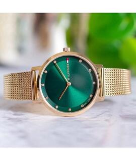 Reloj TOMMY HILFIGER dorado correa malla esfera verde