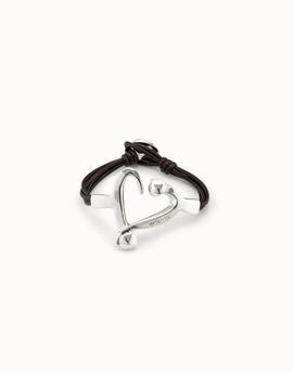 Uno de 50 pulsera cuero marron corazon centro plat