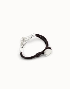 Uno de 50 pulsera cuero marron corazon centro plat