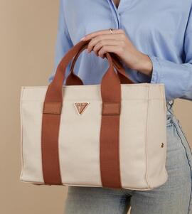 Bolso GUESS Canvas tela beige logo cognac