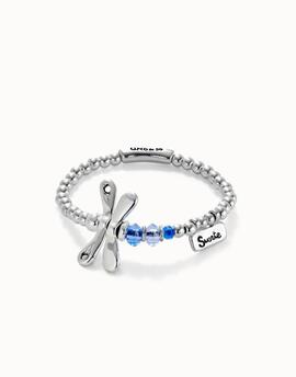 Pulsera UNO DE 50  plata bolitas libelula piedras azules