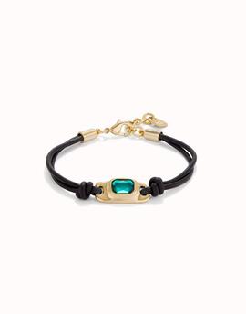 Pulsera UNO DE 50 cuero negro chapa piedra verde
