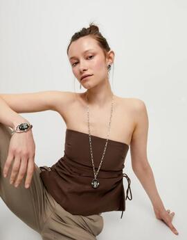 Collar UNO DE 50 plata largo gran cristal facetado ovalado