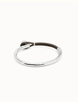 Pulsera UNO DE 50  aro plata trozo cuero marron