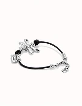 Pulsera UNO DE 50 cuero plata libelula