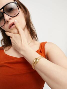 Pulsera UNO DE 50 cuero camel doble con piedra de nacimiento