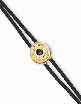 Pulsera UNO DE 50 cuero negro doble con piedra de nacimiento