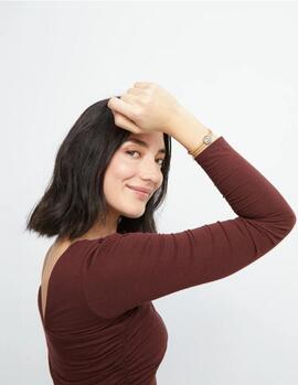 Pulsera UNO DE 50 cuero camel doble piedra nacimiento ojo