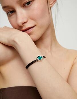 Pulsera UNO DE 50 cuero con cristal facetado ovalado verde