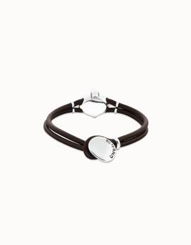 Pulsera UNO DE 50 cuero con cristal ovalado negro facetado