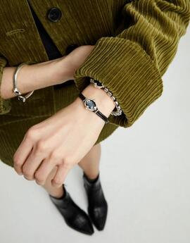 Pulsera UNO DE 50 cuero con cristal ovalado negro facetado