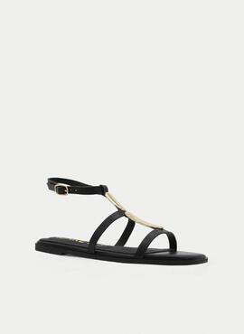 Sandalia AZAREY piel negra plana 2 ovalos dorados